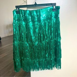 Maeve Anthropologie Green Sequin Fringe Mini Skirt